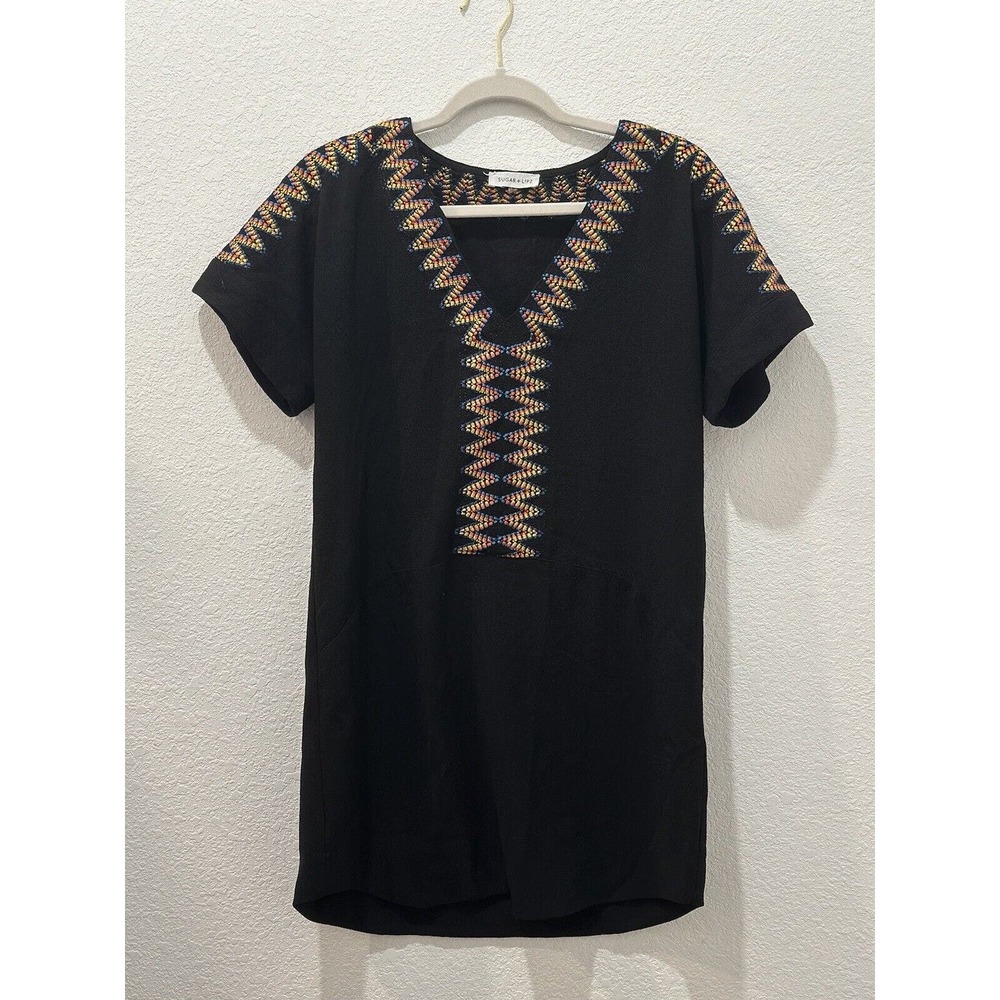 Sugar + Lips Womens Embroidered Short Sleeve Black Dress Size M Used